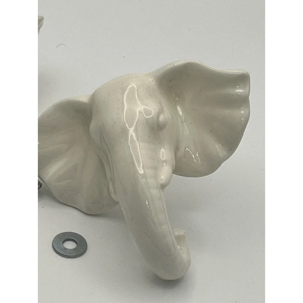 White Ceramic Elephant and Feather Drawer Pulls Set of 2 Cabinet Knobs Glossy